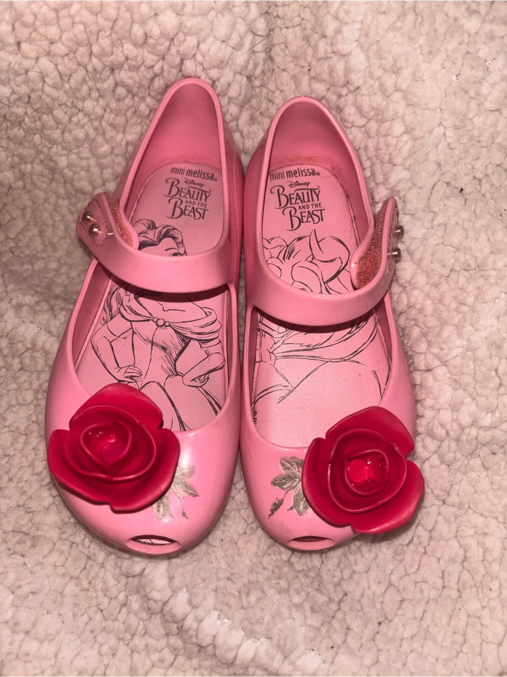 Mini Melissa x Disney Beauty and the Beast Pink Rose Mary Jane Shoes Size 9